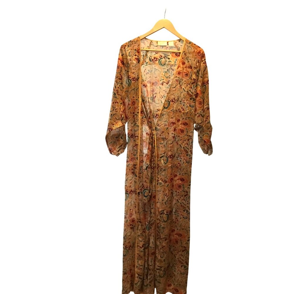 VTG Gold Label Victoria's Secret Woman Abstract Kimono Robe Satin Belt Swim S/P - Picture 5 of 13